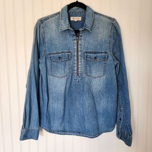 MADEWELL Blue 100% Cotton Denim Half Zip Blouse Top Medium